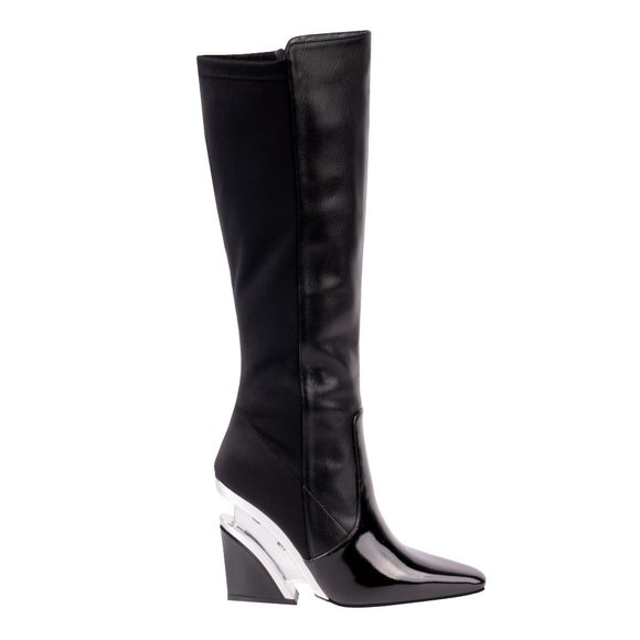 Stylish Fashion Womens Knee High Leather Black Lucite Heel Boots - Picture 3 of 8